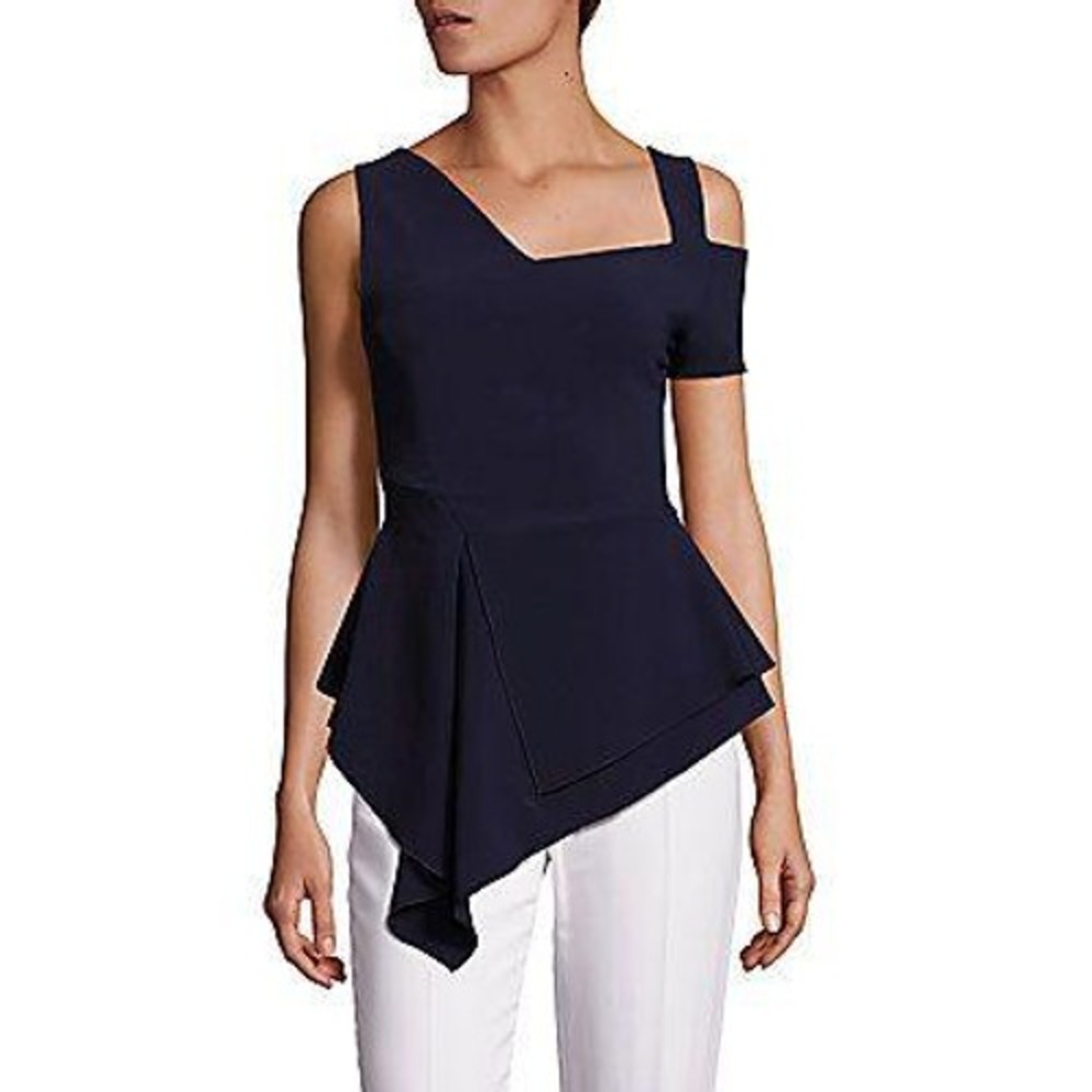 Antonio Berardi Navy Blue Asymmetrical Peplum Cold Shoulder Blouse Top Size 46